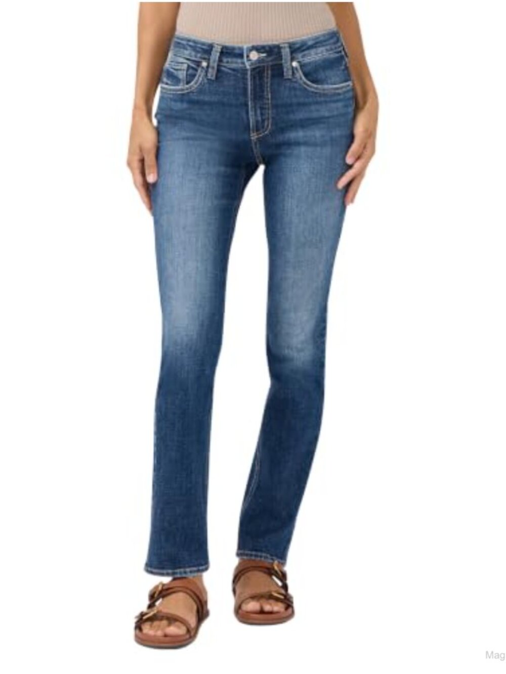 Mid Rise Straight Leg Jeans Power Stretch Denim 5-Pocket